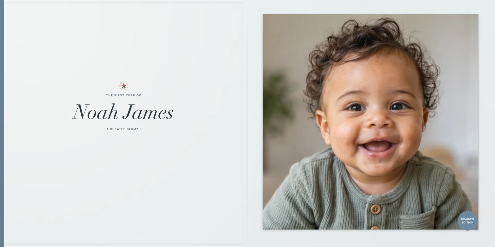 The exported PDF book: a cover for Noah James beside a full-page photograph of him smiling.