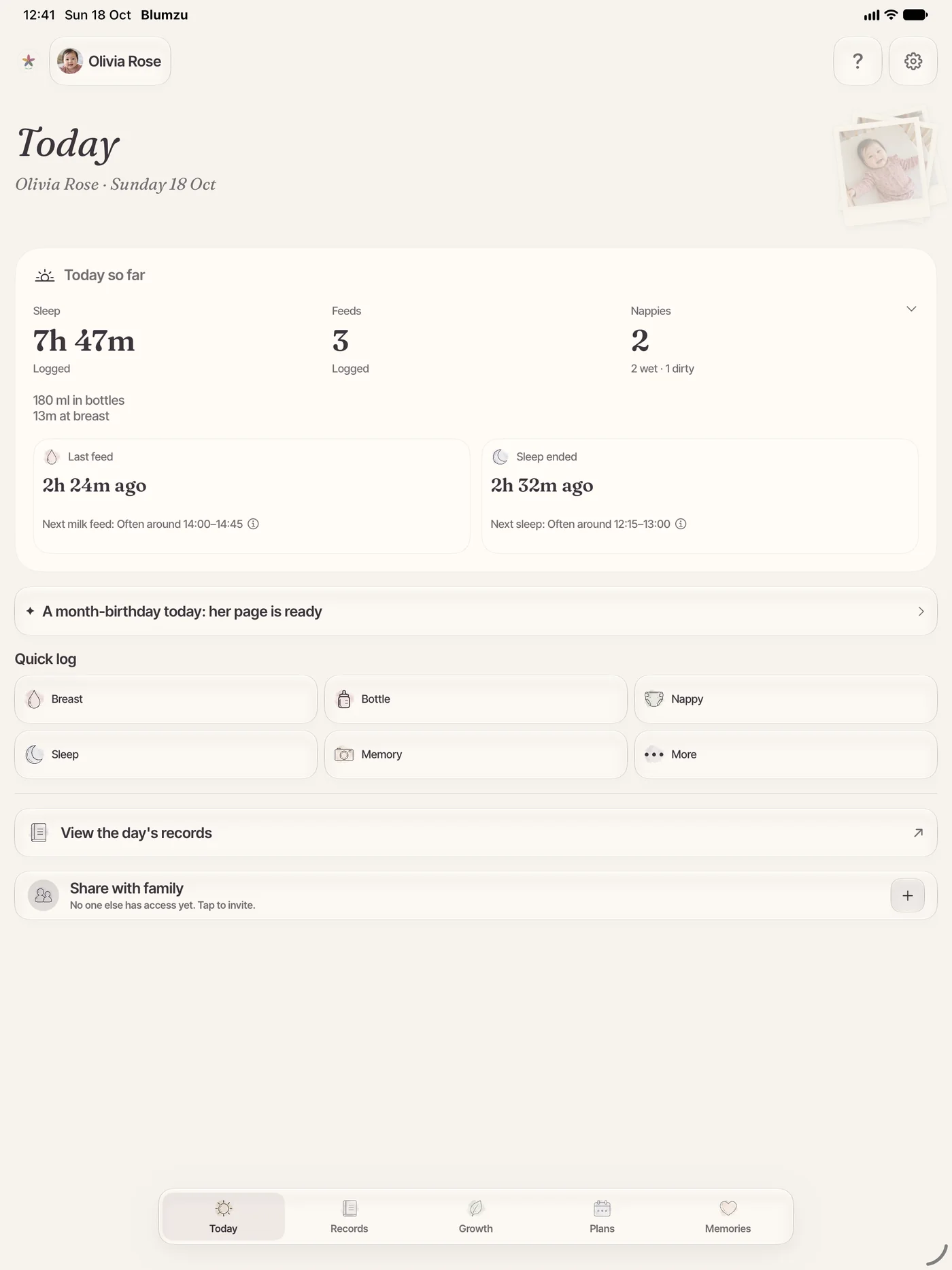 Blumzu on iPad: the Today page for Olivia Rose with the day so far and quick-log buttons.