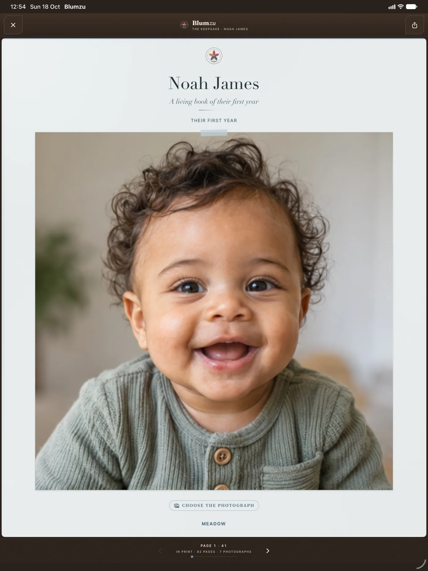 The digital Blumzu book on iPad, opening on the cover for Noah James.