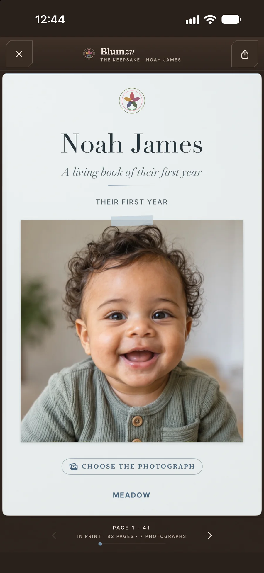The digital Blumzu book in the app, opening on the cover for Noah James.