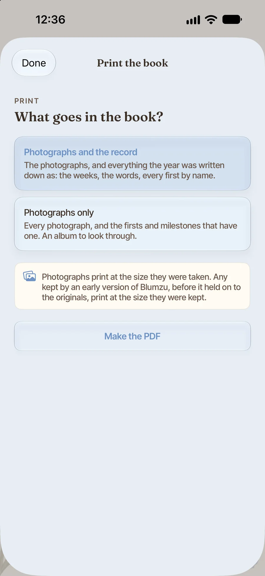 The Blumzu Print the book sheet: photographs and the record, or photographs only, then Make the PDF.