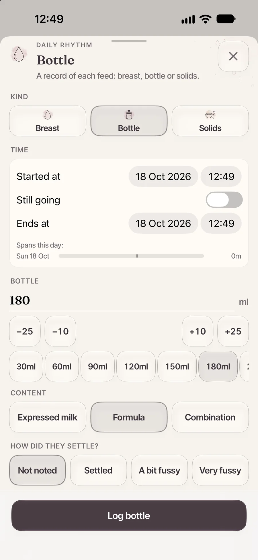 The Blumzu bottle logger: 180 ml of formula, started at 12:49, with amount buttons and settle options.
