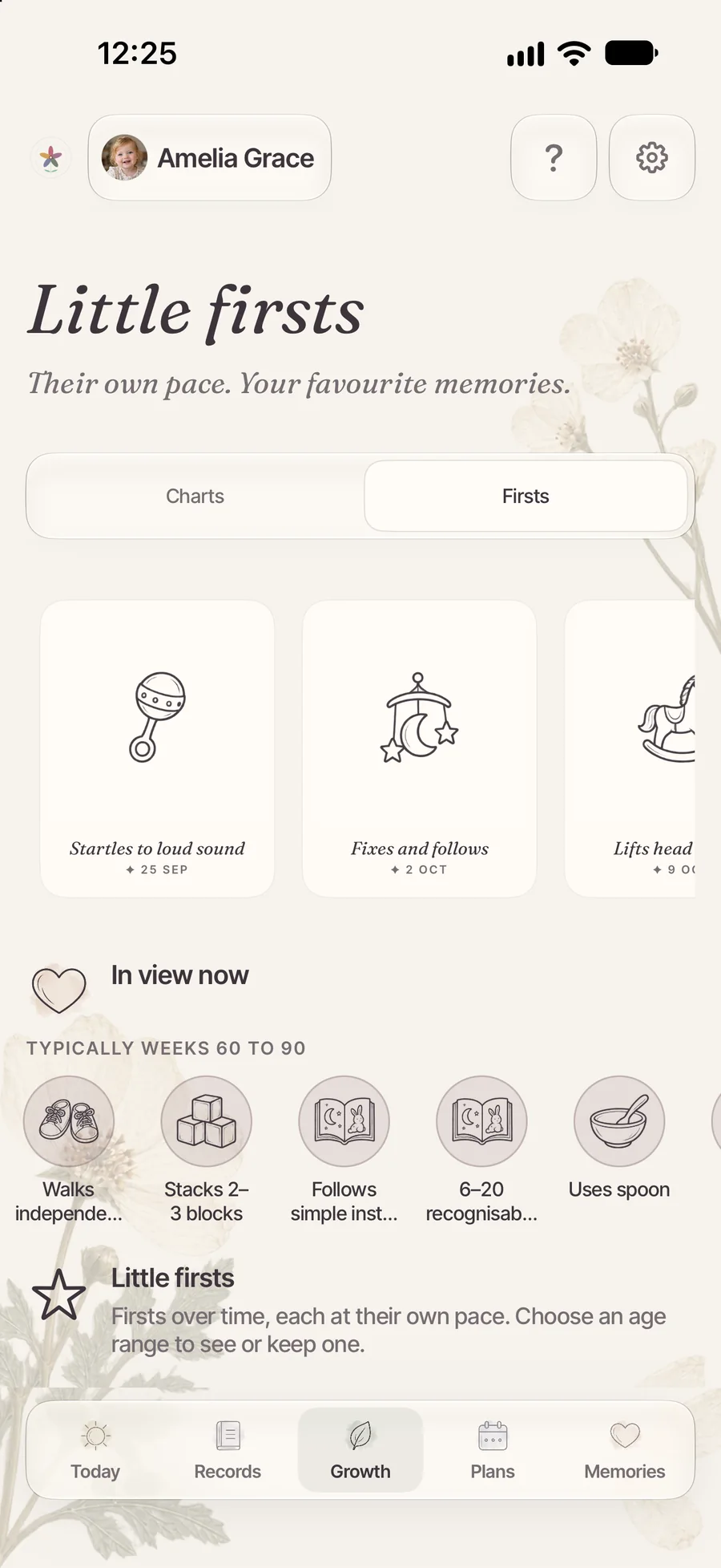 Blumzu Little firsts for Amelia Grace, with illustrated milestones and those typically seen from 60 to 90 weeks.