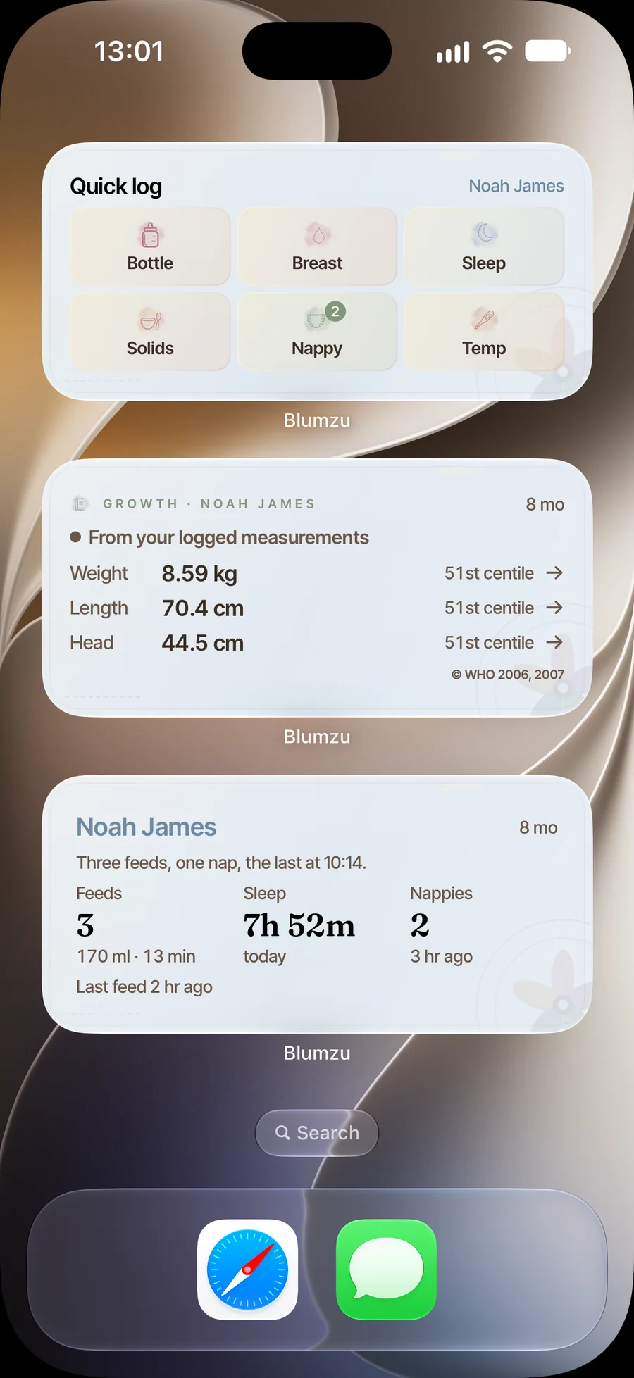 An iPhone Home Screen with Blumzu Quick Log, Growth and Today widgets.