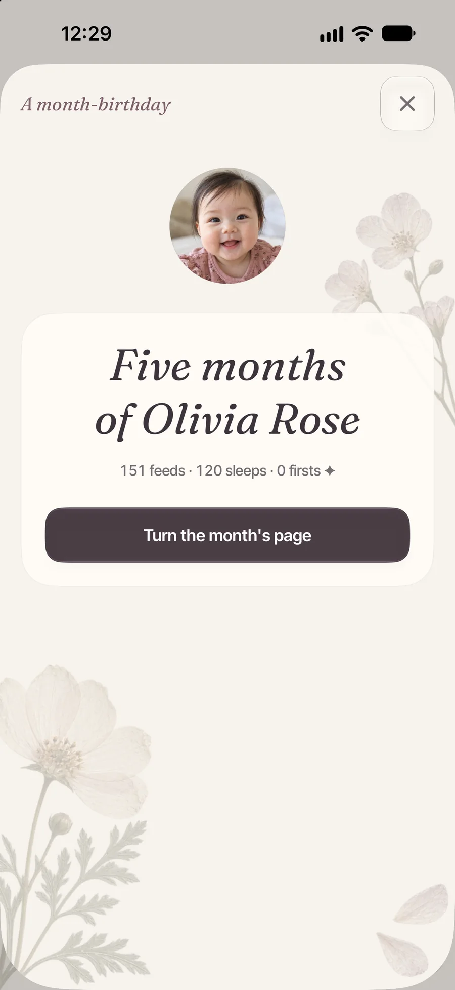 A Blumzu month-birthday page: Five months of Olivia Rose, with 151 feeds and 120 sleeps.