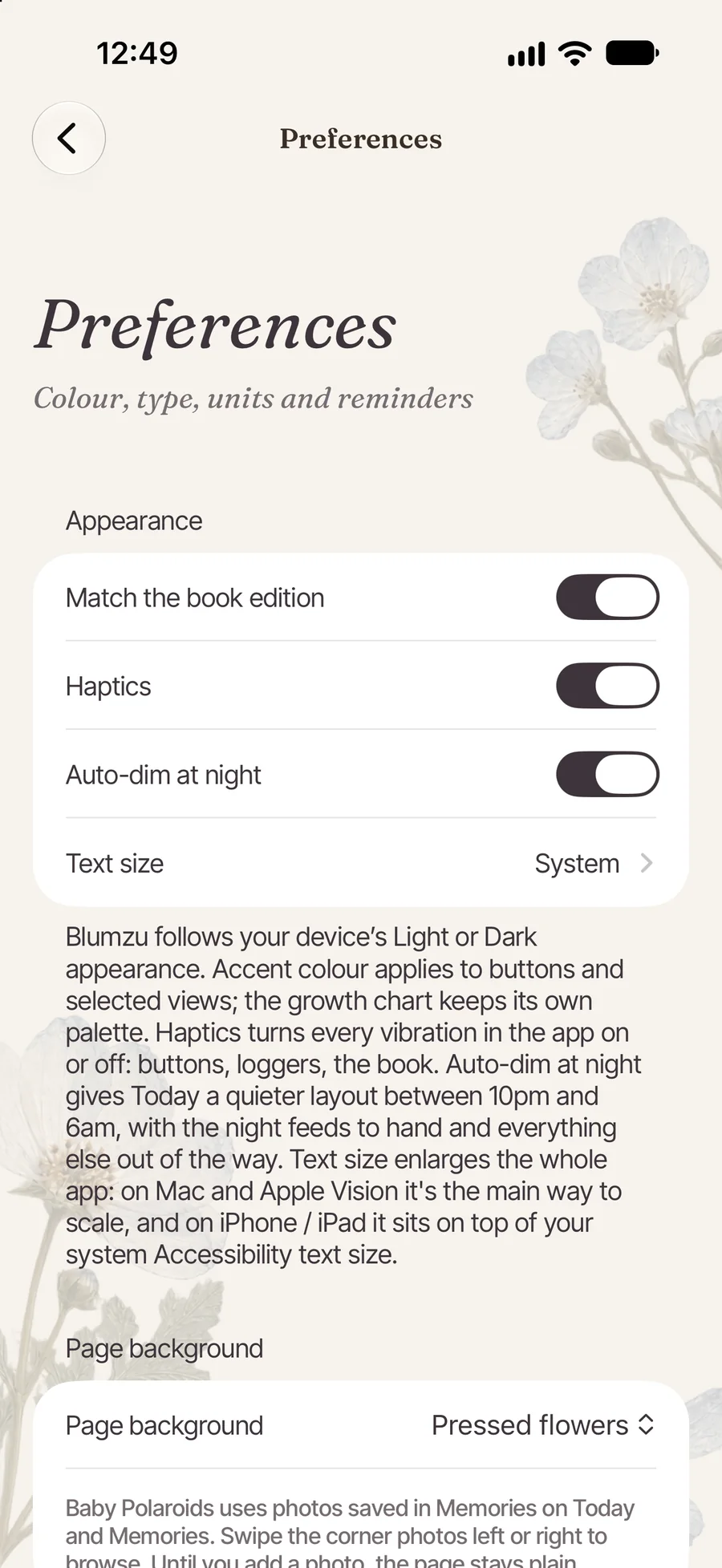 Blumzu Preferences with appearance settings, haptics, auto-dim at night and the page background set to pressed flowers.