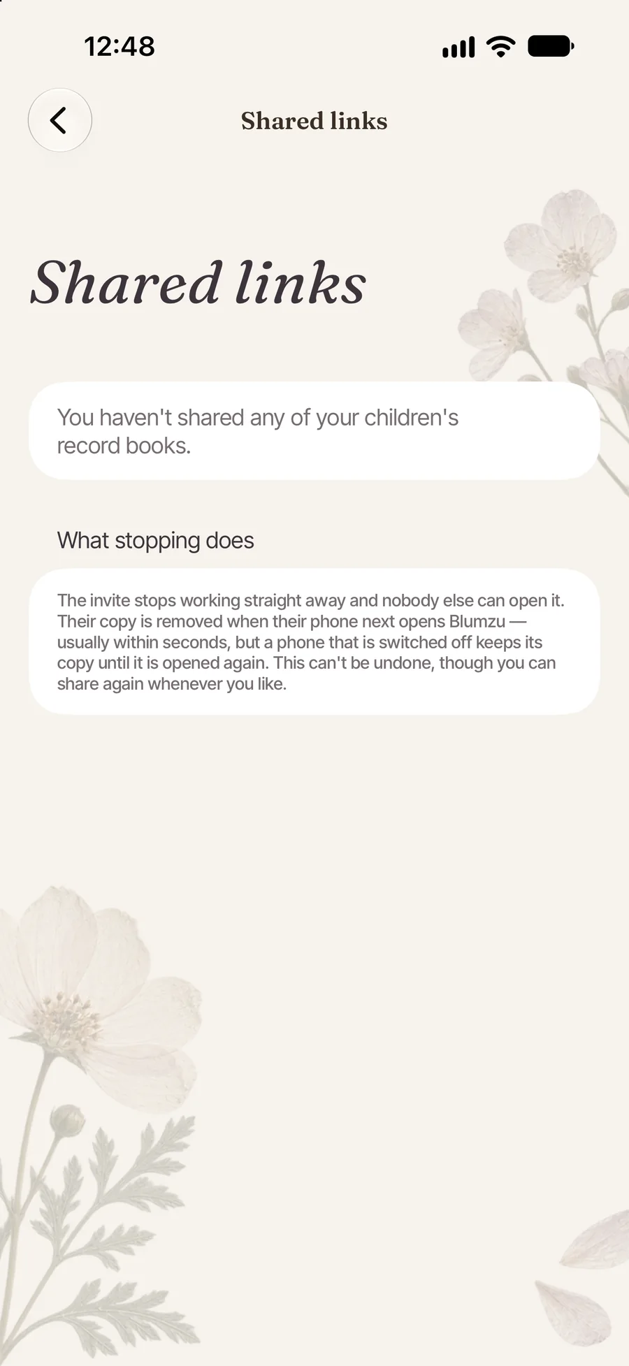 Blumzu Shared links, explaining what stopping a share does.