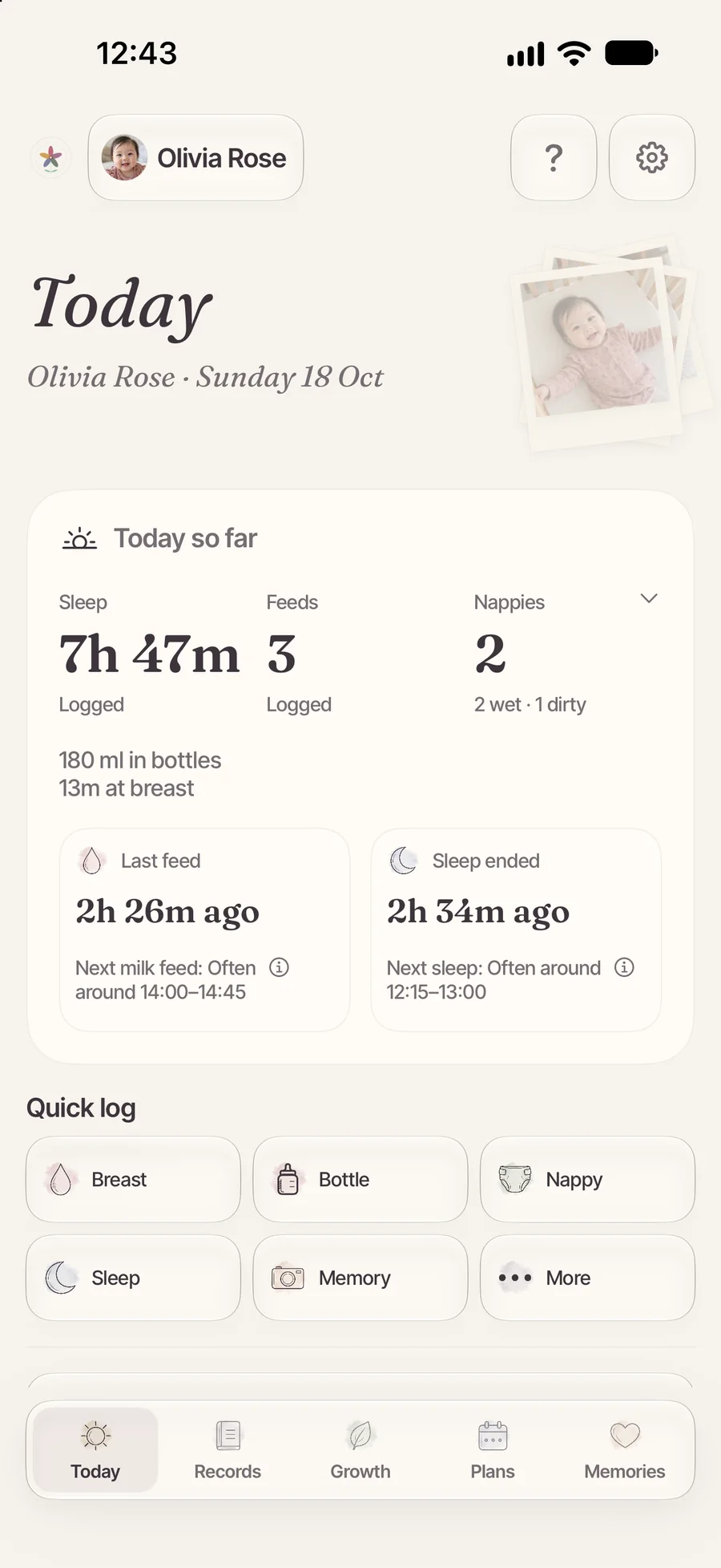 The Blumzu Today page for Olivia Rose: 7h 47m sleep, three feeds and two nappies so far, with quick-log buttons below.