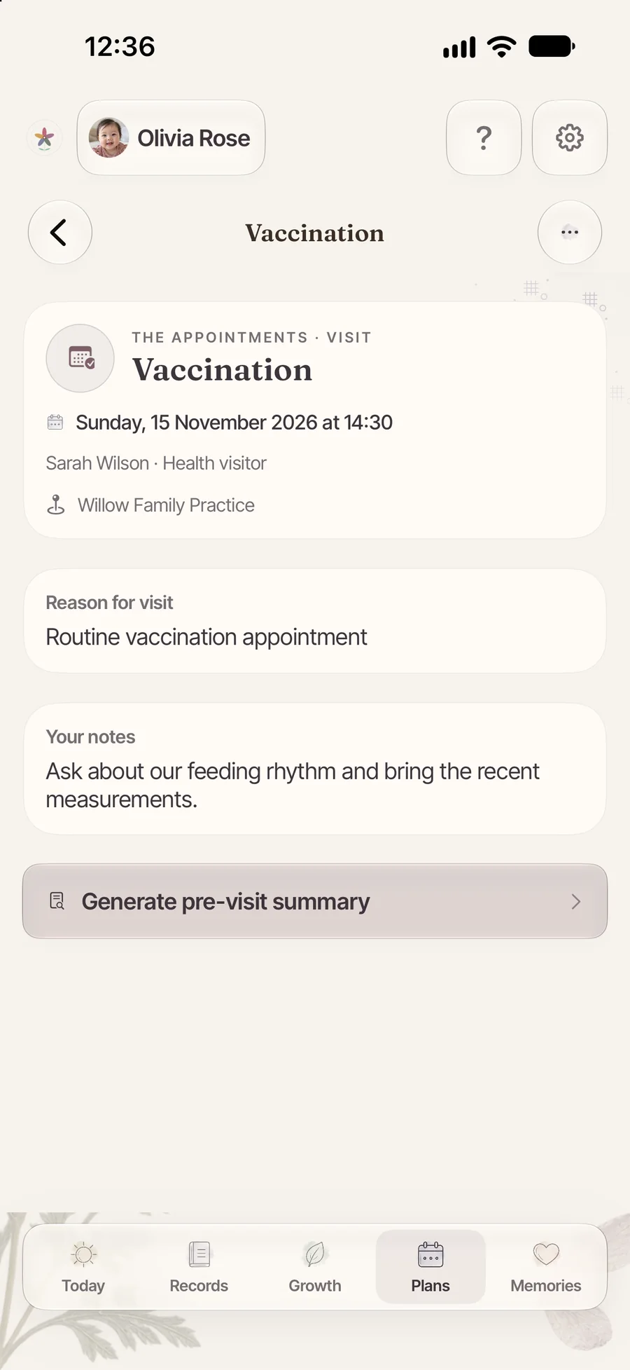 A Blumzu vaccination visit on 15 November with your notes and a pre-visit summary button.