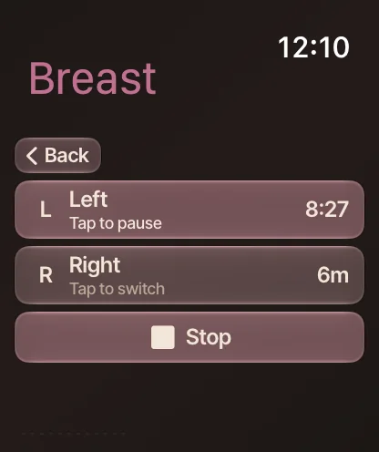 A breast feed timing on Apple Watch: left side 8:27 and right side 6 minutes, with a Stop button.